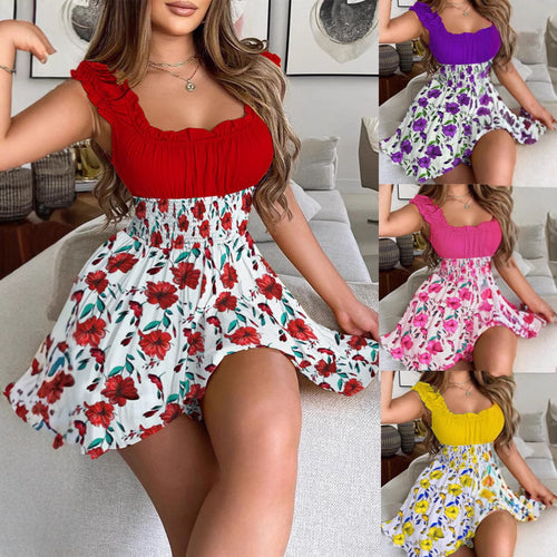 Dame sommerkjole med ruffles detaljer og elastisk bælte Skovae