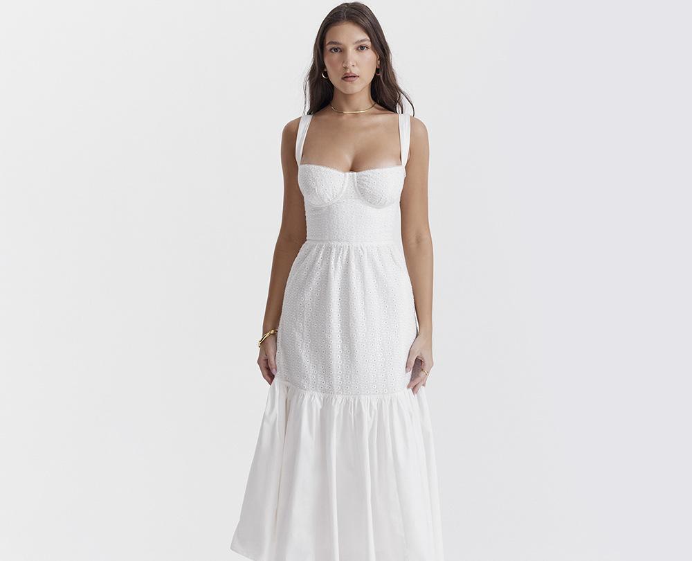 Dame Maxikjole med fremragende bustier og romantisk volant Stilla