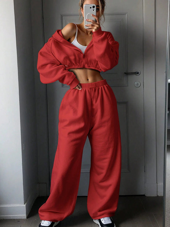 Kvindernes cropped fleece hoodie og casual joggers sæt Skovae