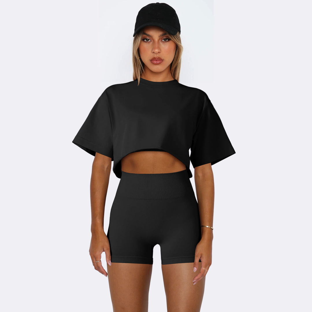Dame sportiv Crop-Top- og shorts-sæt med høj talje og oversized pasform Stilla