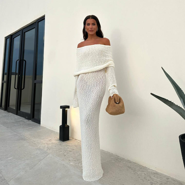 Dame Off-Shoulder Strik Maxi Kjole Stilla
