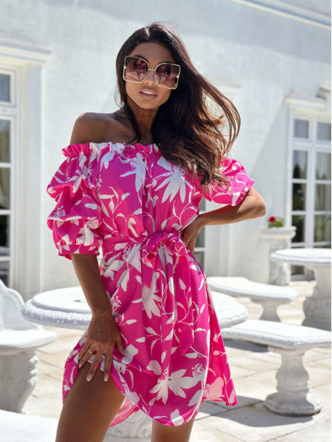 Dame Off-Shoulder Strandkjole med flæse detaljer og taljebælte Stilla