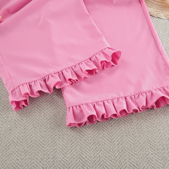 Dame Pyjama-sæt i blødt satin med elegante flæsedetaljer Stilla