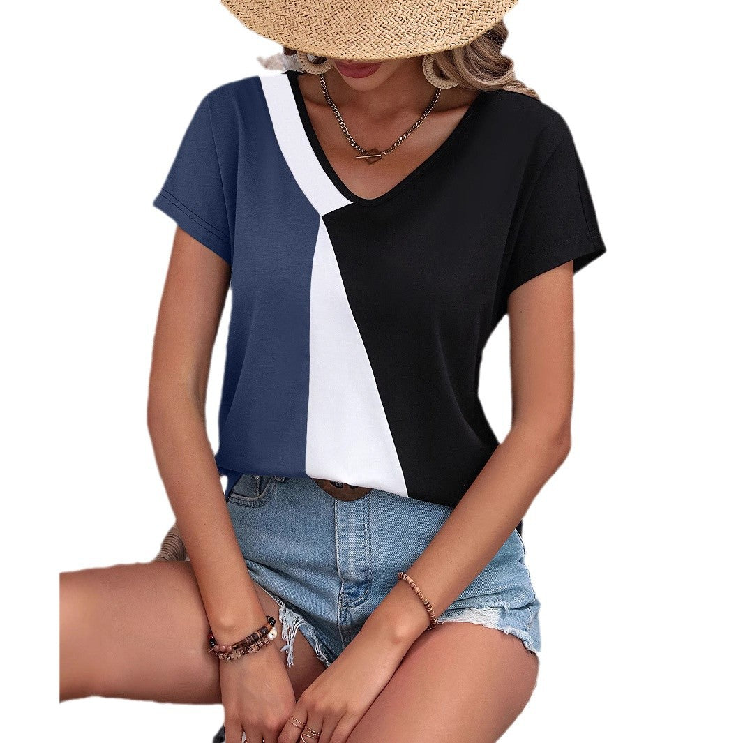 Dame Trendy V-Hals T-Shirt med moderne blokdesign og afslappet snit Stilla