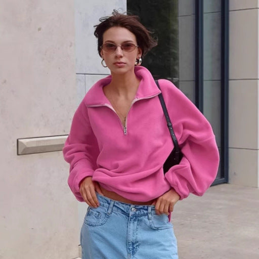 Dame fleece sweatshirt med kort lynlås og brede ærmer Stilla