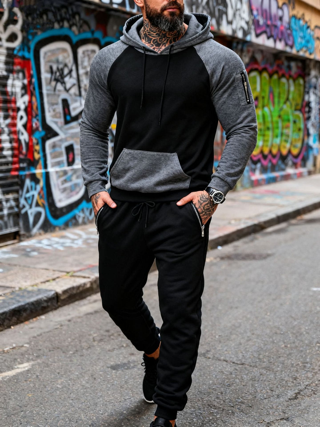 Herrer to-delt hætte-sweatset med raglanærmer, ærme-zip-lomme og tapered joggingbukser Skovae