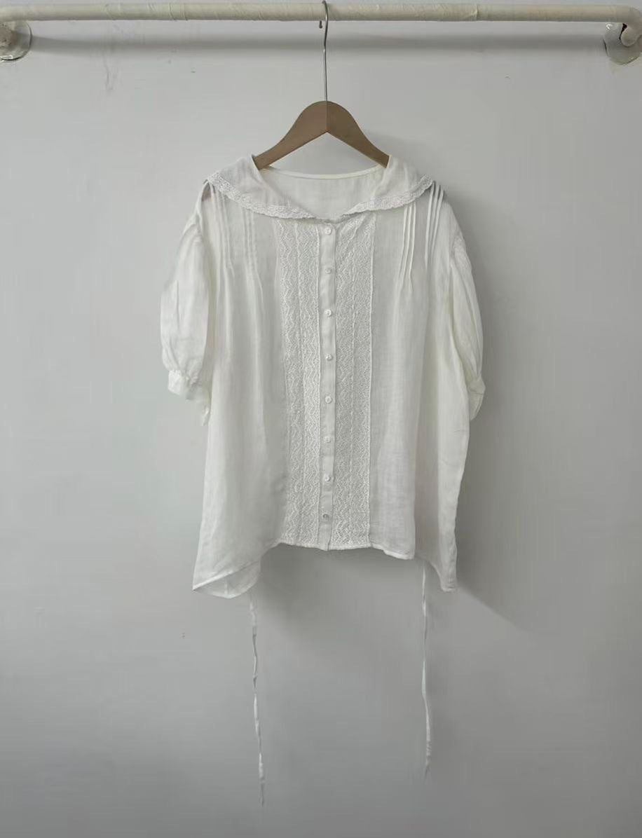 Dame Button-Up Bluse med spidsekrave og justerbart bånd Stilla