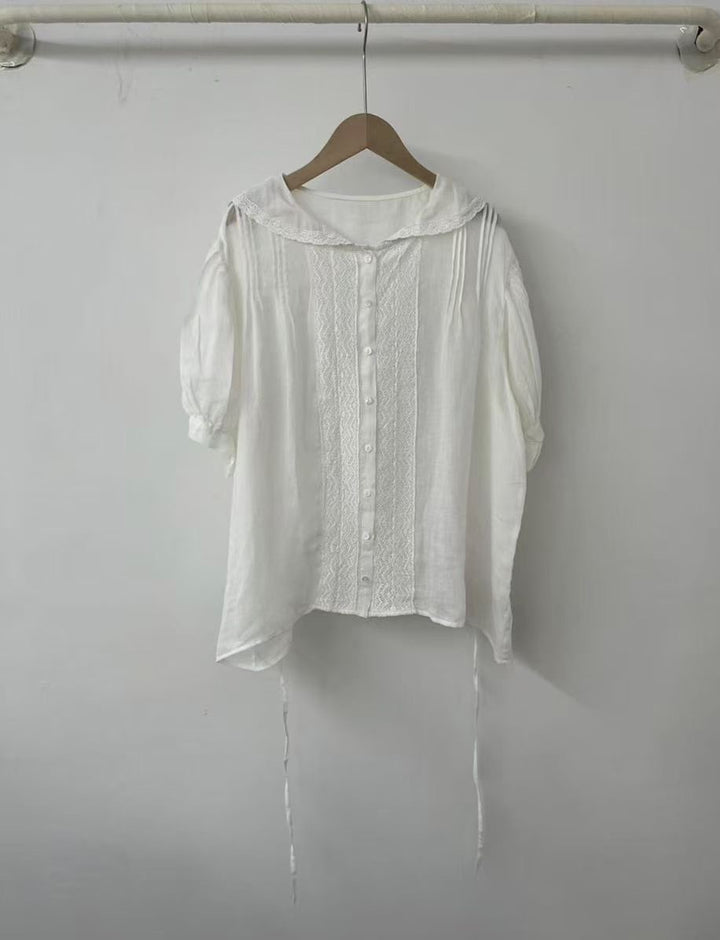 Dame Button-Up Bluse med spidsekrave og justerbart bånd Stilla
