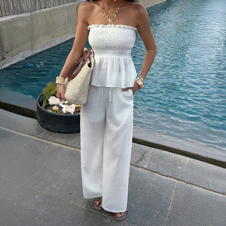 Dame Elegant top med rynket bustier og vide bukser Skovae