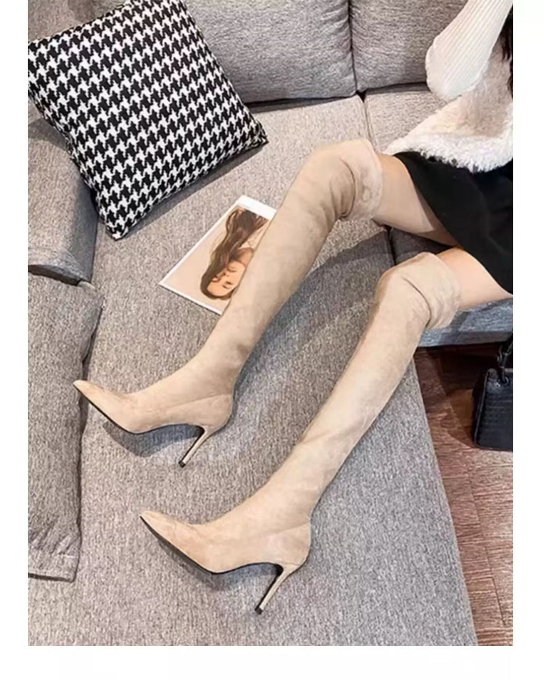 Dame Overknee Støvler med elegant smalt hæl og moderne velour-udseende Stilla