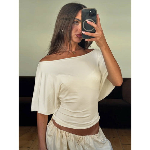Damer asymmetrisk crop-top med vid skärning och flydande ærmer Skovae
