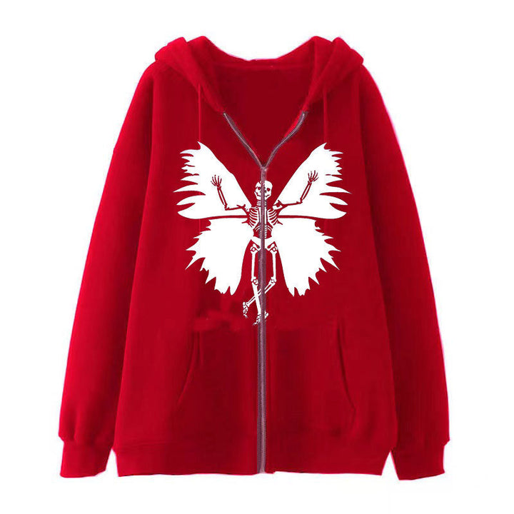 Kvinder's zip hoodie med unikt skelet og sommerfugl design Skovae
