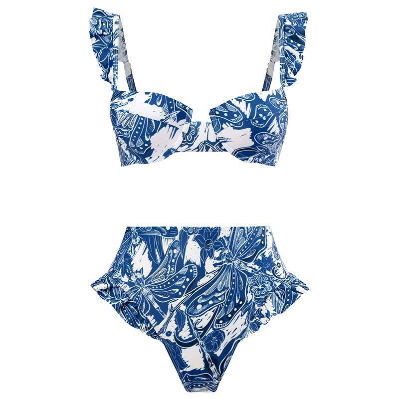 Dame bikini sæt med raffinerede flæser og elegant omslagskjørt Skovae