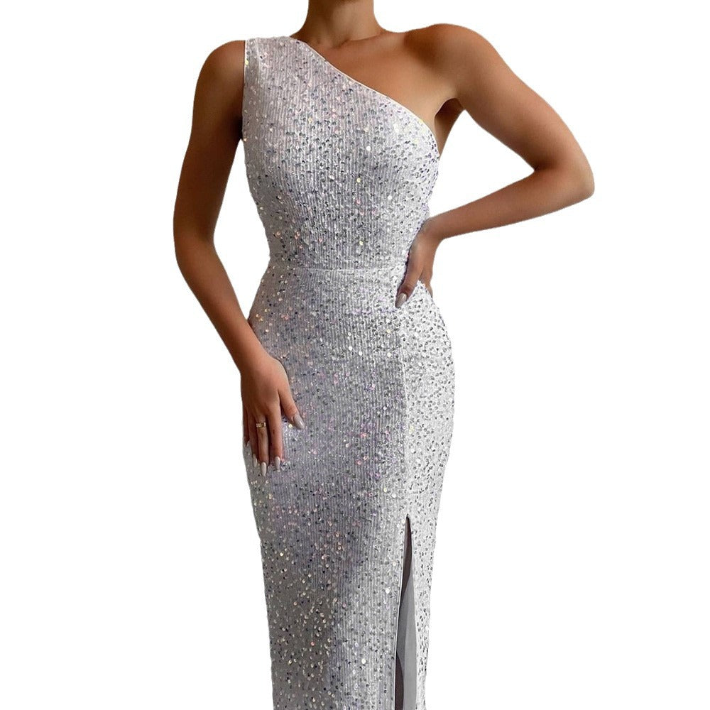 Dame Elegant Langærmet Kjole med asymmetrisk Udsnit og funkende Rhinestones Stilla