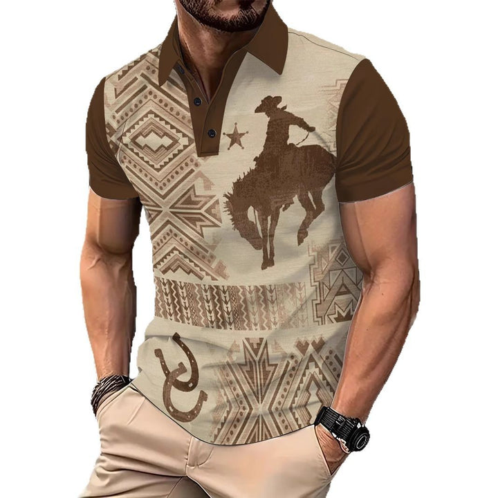 Herre polo-shirt med kreativt cowboy-motiv og traditionelt mønster Stilla