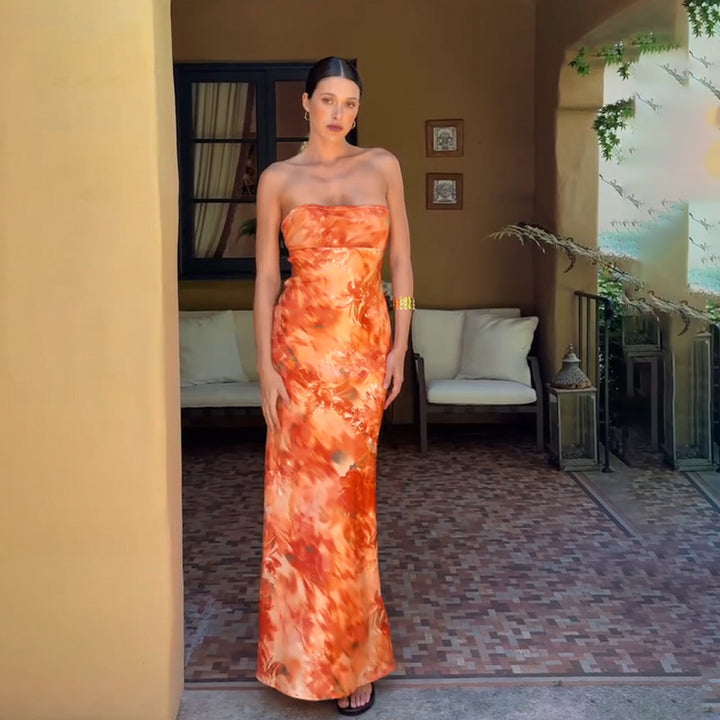 Damer elegant strapless maxikjole med blomsterdesign og tætsiddende snit
