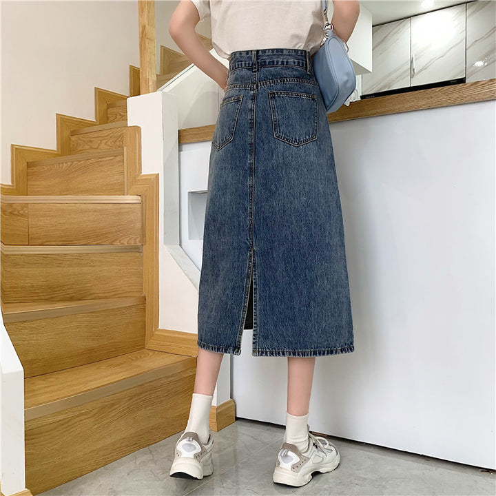 Dame Lang Denim Nederdel med Høj Udkæring og Dekorative Sømme Stilla