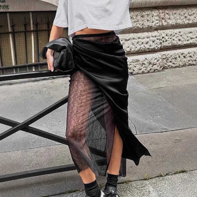 Dame Gennemsigtig Maxiskørt med høj slids og elegant Drapering Stilla