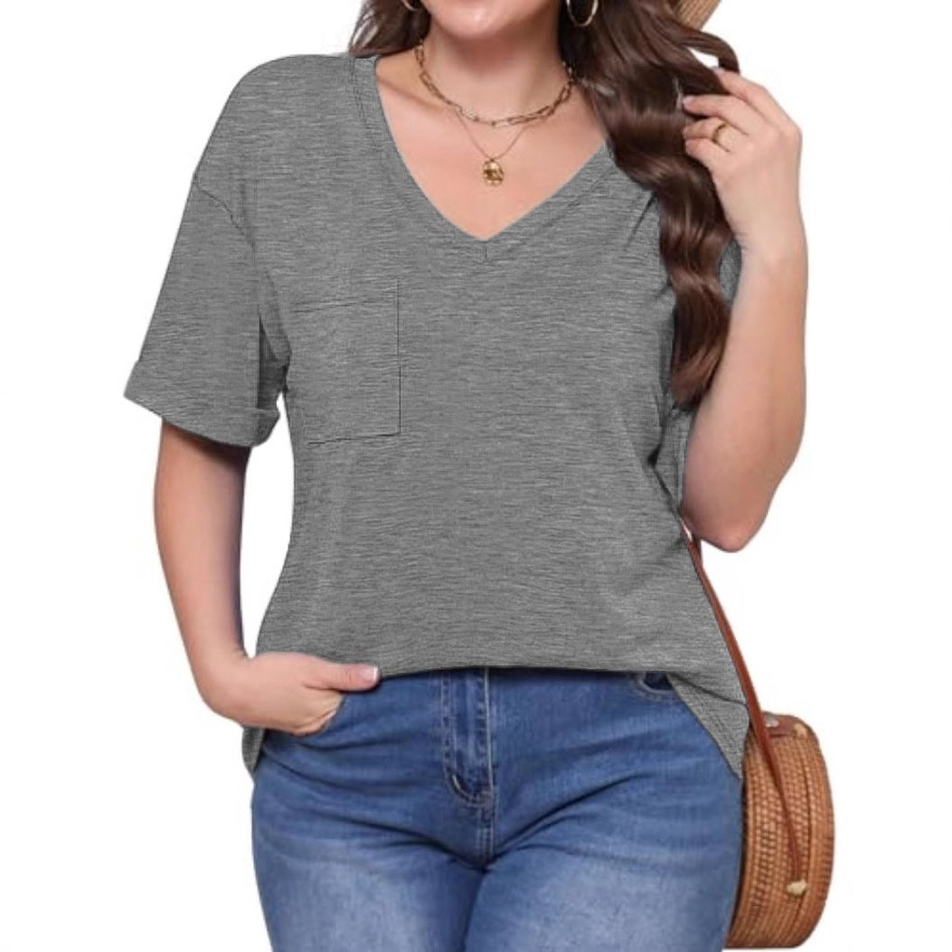 Dame Casual V-hals T-shirt med brystlomme og løs pasform Stilla