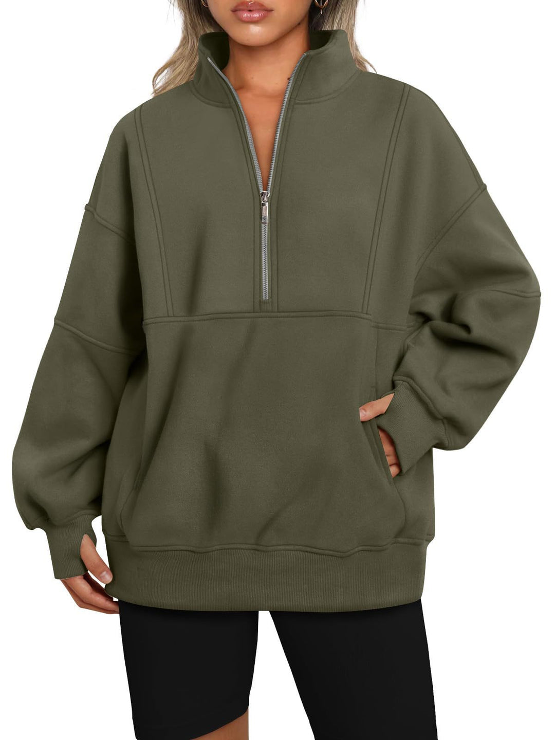 Dame Sporty Hoodie med halvdelen lynlås og voluminøse ærmer Stilla