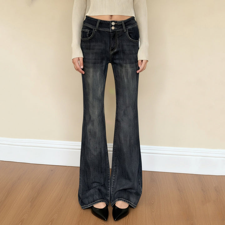 Dame flared jeans med højt talje og fleksibelt justerbart taljebånd Skovae