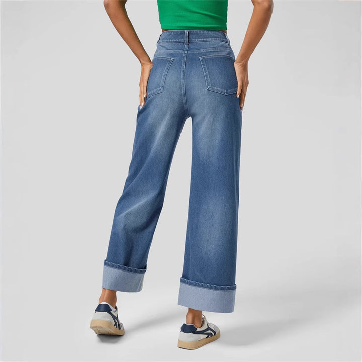 Kvinder Bred Skåret Denim Bukser med Opfoldet Kant Stilla