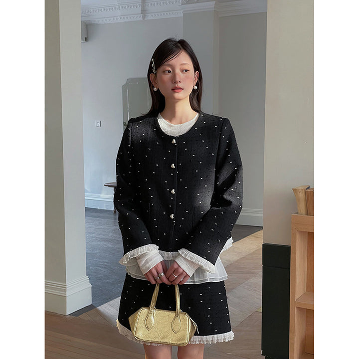 Dame elegant Tweed-sæt med fine perledetaljer og afslappet snit Stilla