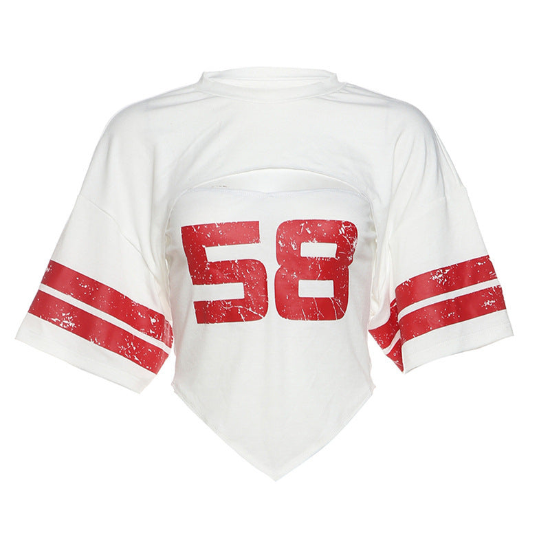 Dame Sporty Crop-T-Shirt med trendy cut-out og vintage nummertryk Stilla