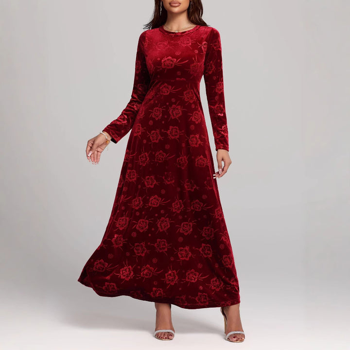 Damer Elegant Maxikjole lavet af blomsteret fløjlsstof med lange ærmer Stilla