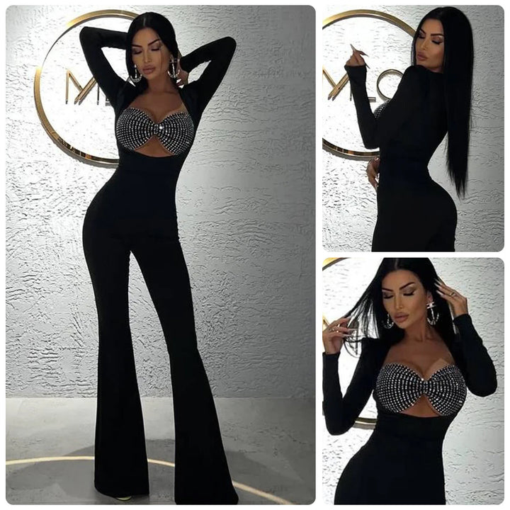 Dame glamour jumpsuit med glitrende perler og tætsiddende snit