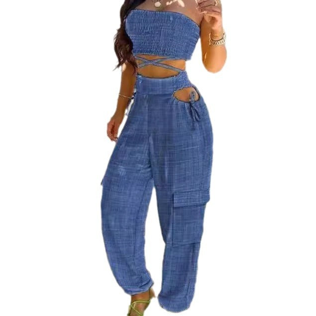 Dame Moderne To-delt bestående af Crop Top og Cargo-Bukser Skovae
