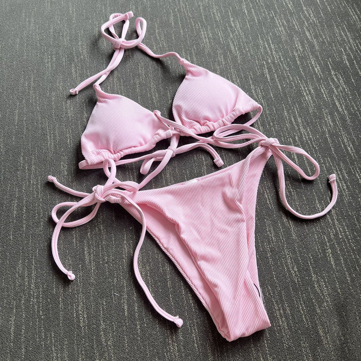 Dame Triangel-Bikini-Sæt med Justerbare Bindebånd og Ribbet Design Skovae