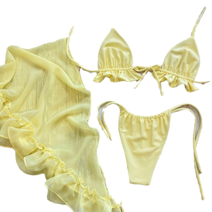 Dame triangel-bikini med romantiske flæsedetaljer og dekonstrueret omslagsskørt Stilla