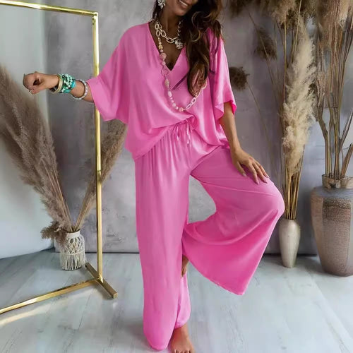 Dame afslappet loungewear-sæt med bredt top og komfortable bukser Stilla