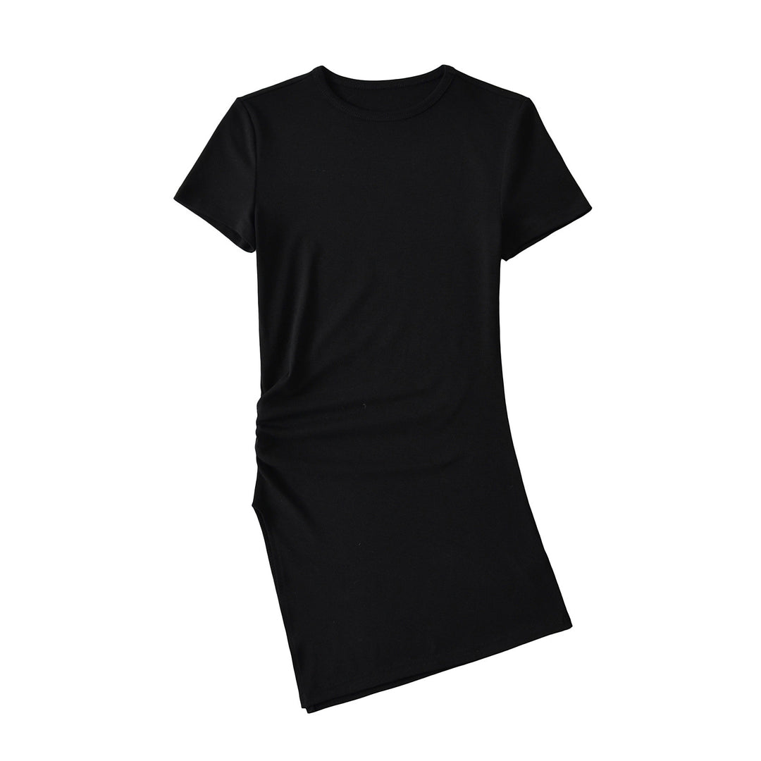 Dame figurtilpasset T-shirt kjole med asymmetrisk søm og moderne flæse detaljer Stilla