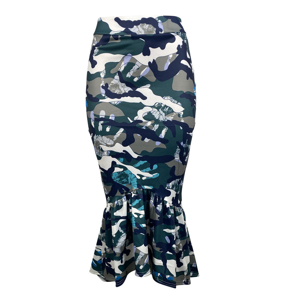 Dame Elegant flæsekjole i camouflage-design med puffærmer Stilla