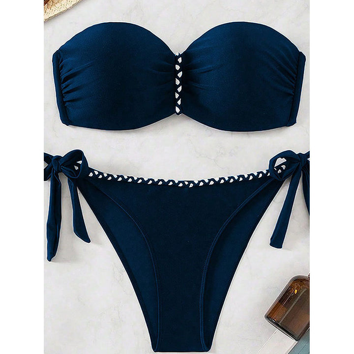 Dame bandeau-bikini med elastiske flæsedetaljer og legesygt bindebånd Skovae