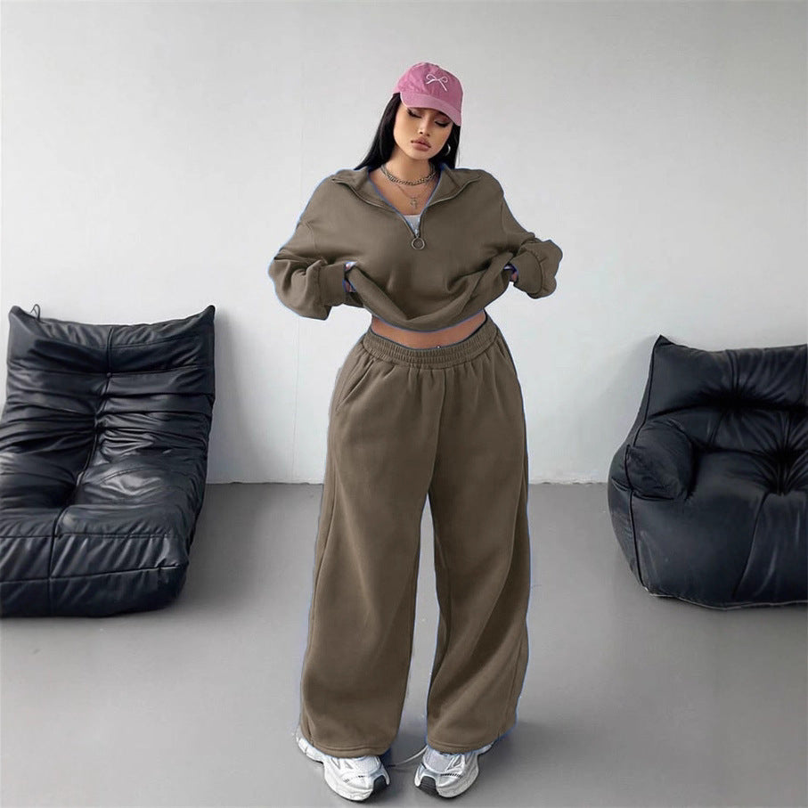 Damerne komfortable fleece loungewear sæt med løs pasform og halvlængde lynlås Skovae