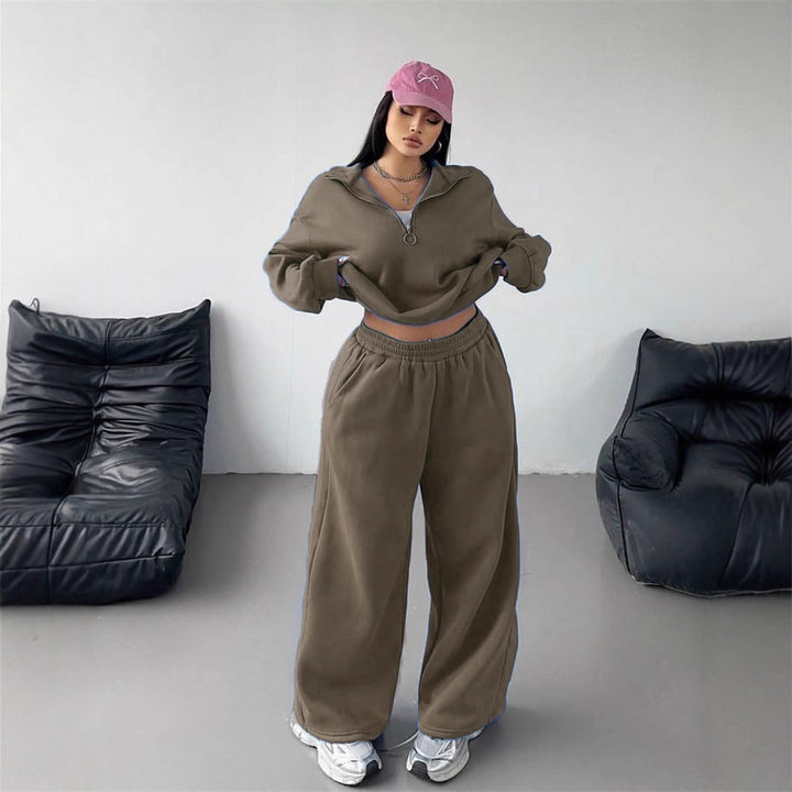 Damerne komfortable fleece loungewear sæt med løs pasform og halvlængde lynlås Skovae