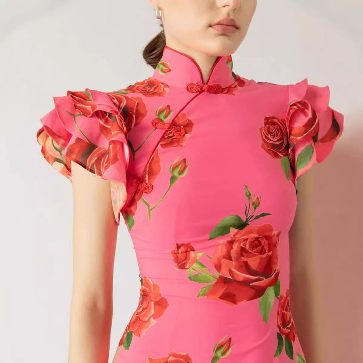 Dame elegant Maxikjole med blomsterdetaljer og volanger Stilla