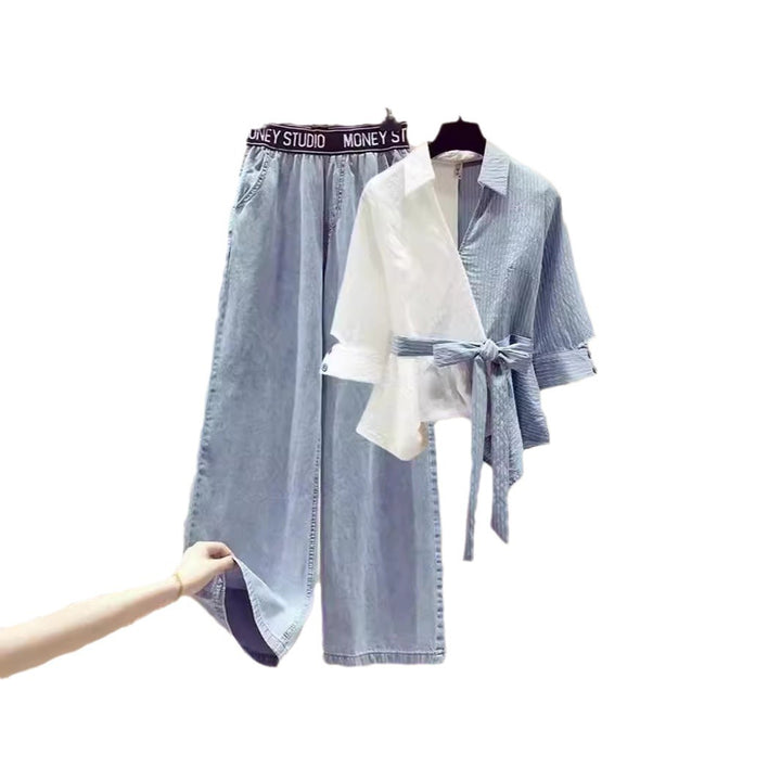Dame To-delt Sæt med løs, stribet top og bred jeans-bukser Skovae