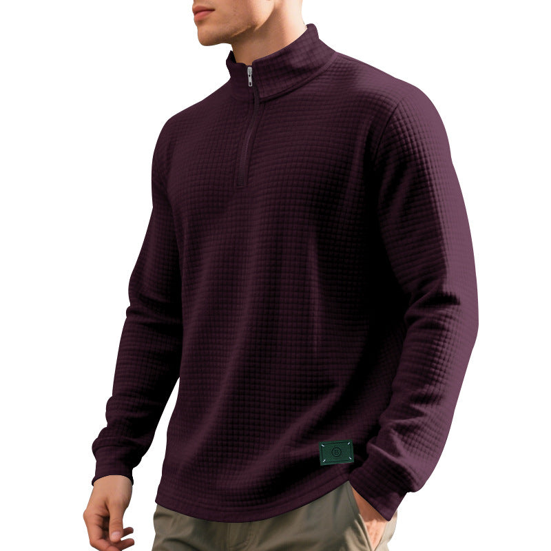 Herren nan lette vaffelstrik pullover med kort krave lynlås og rundet kant Skovae