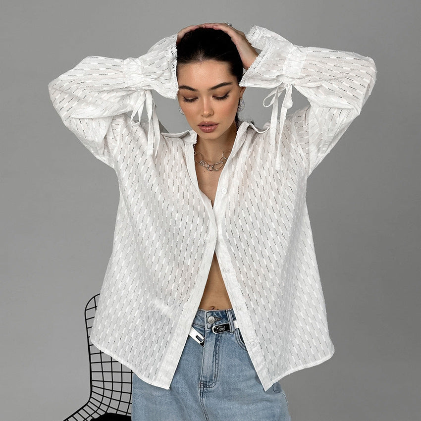 Damer Elegant Bluse med transparente stoffer detaljer og rynker Stilla