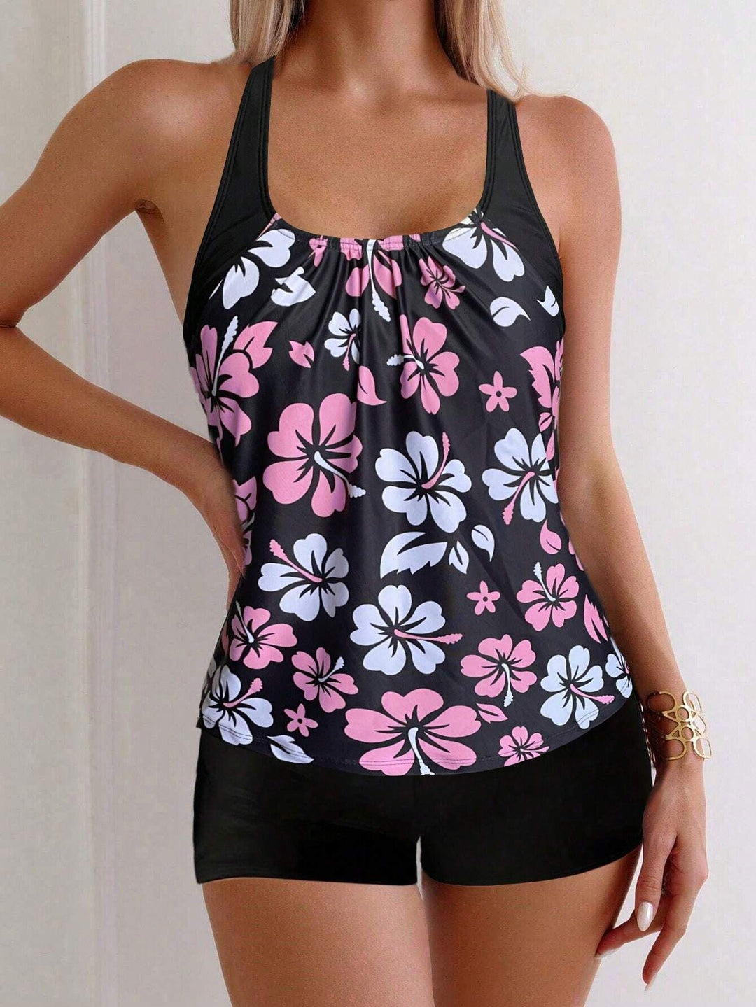 Damer sportligt tankini-sæt med florale accenter Skovae