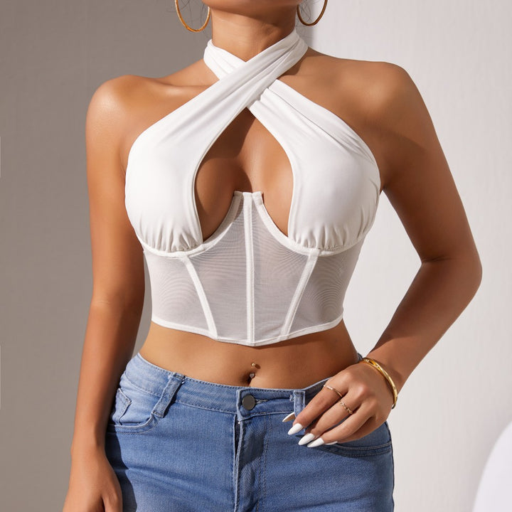 Dame Crop-Top med raffineret indpakningsdesign og gennemsigtig corsage Stilla