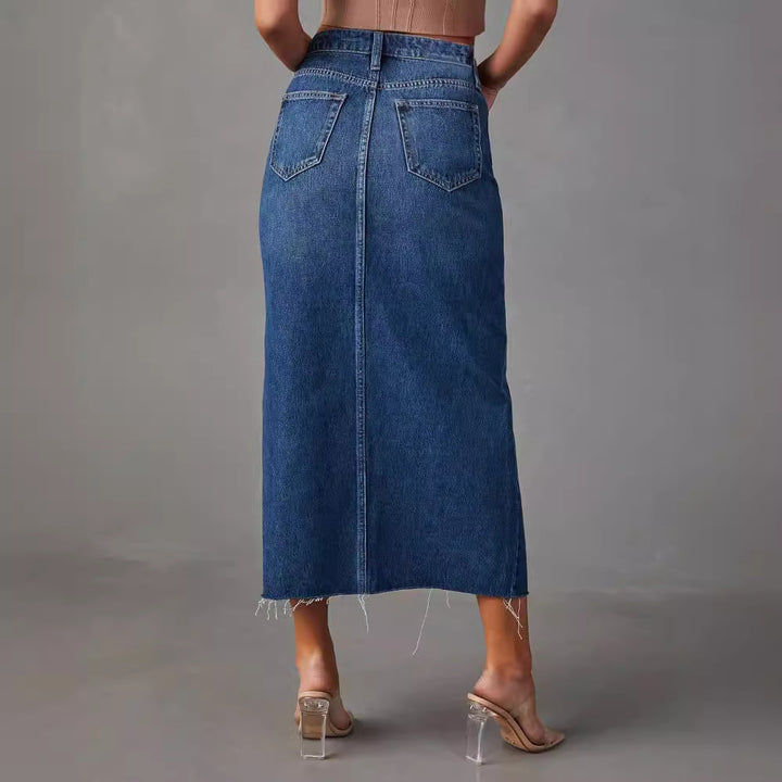 Femme Høj Slids Denim Midi Skirt Stilla