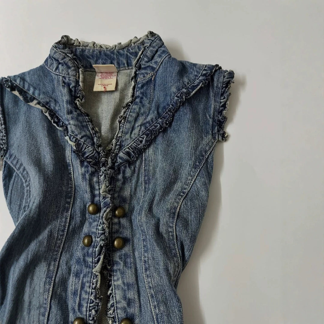 Dame denimvest med legende flæse-design Skovae