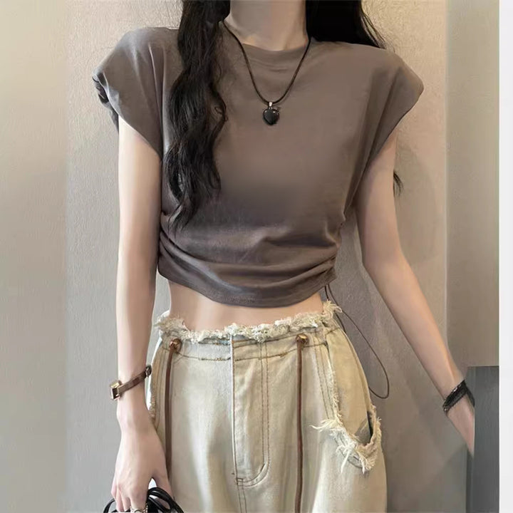 Kvindernes cropped T-shirt med justerbar snor og trendy pufærmer