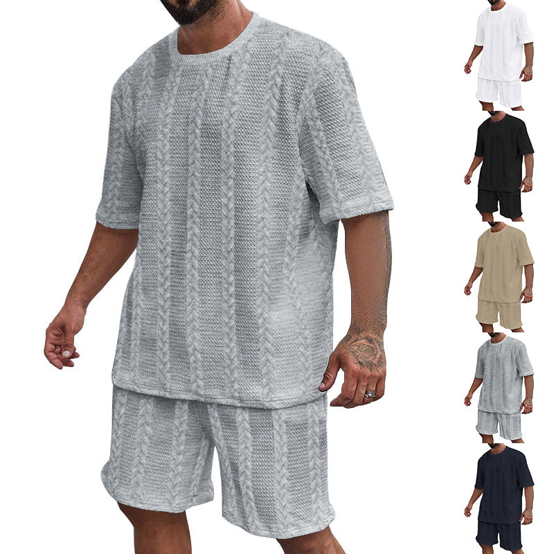 Herren nan afslappet fletningstrik fritids sæt med bred kortærmet t-shirt og elastiske Bermuda shorts