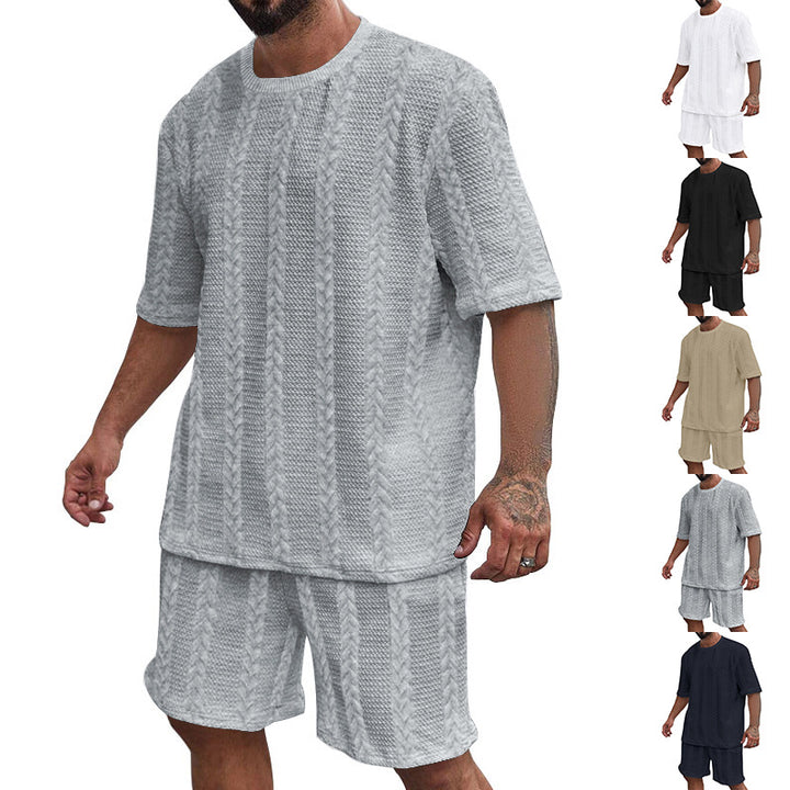 Herren nan afslappet fletningstrik fritids sæt med bred kortærmet t-shirt og elastiske Bermuda shorts